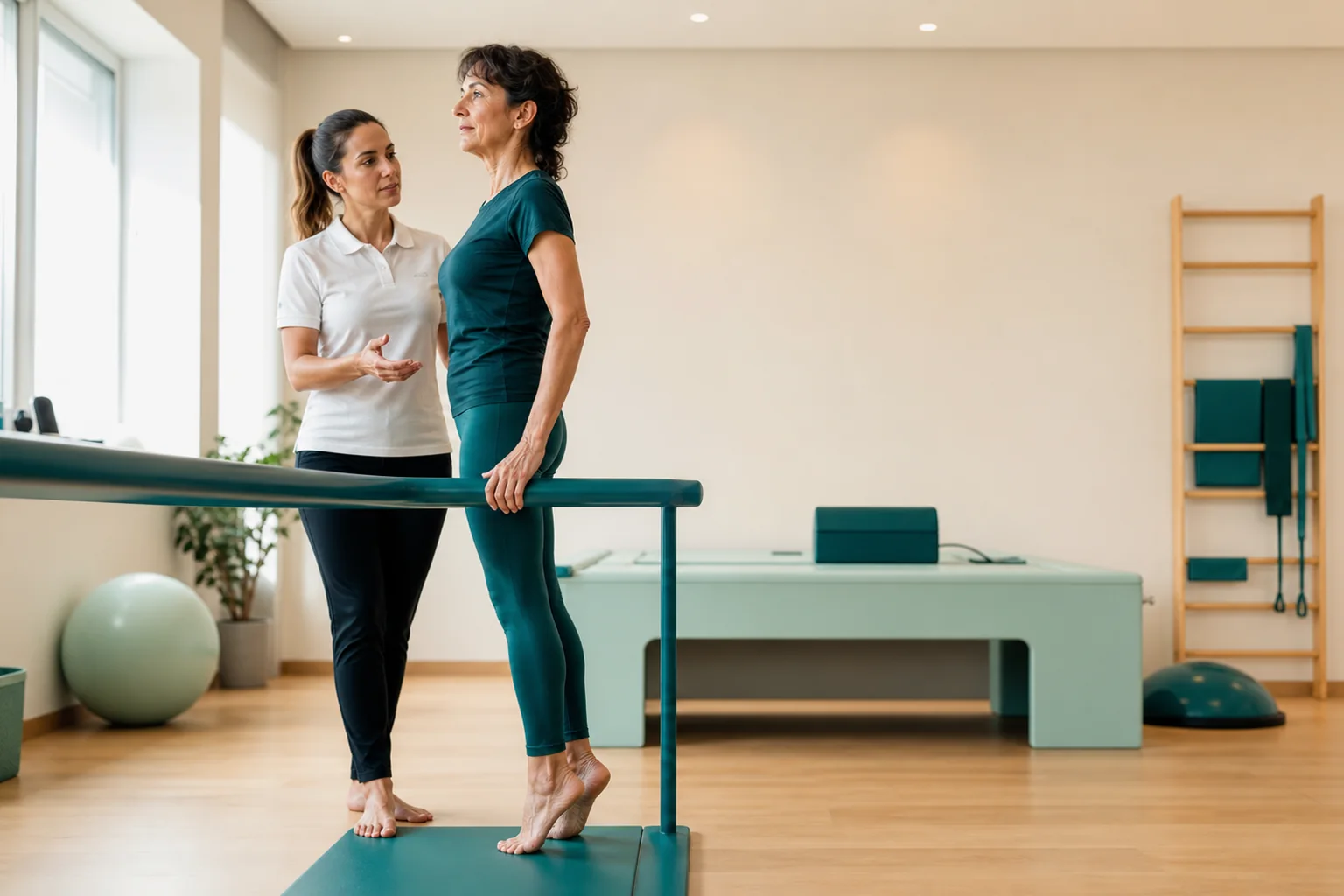 Escena conceptual de ejercicio terapéutico de equilibrio supervisado